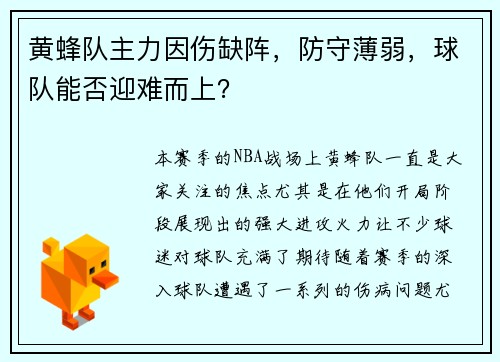 黄蜂队主力因伤缺阵，防守薄弱，球队能否迎难而上？